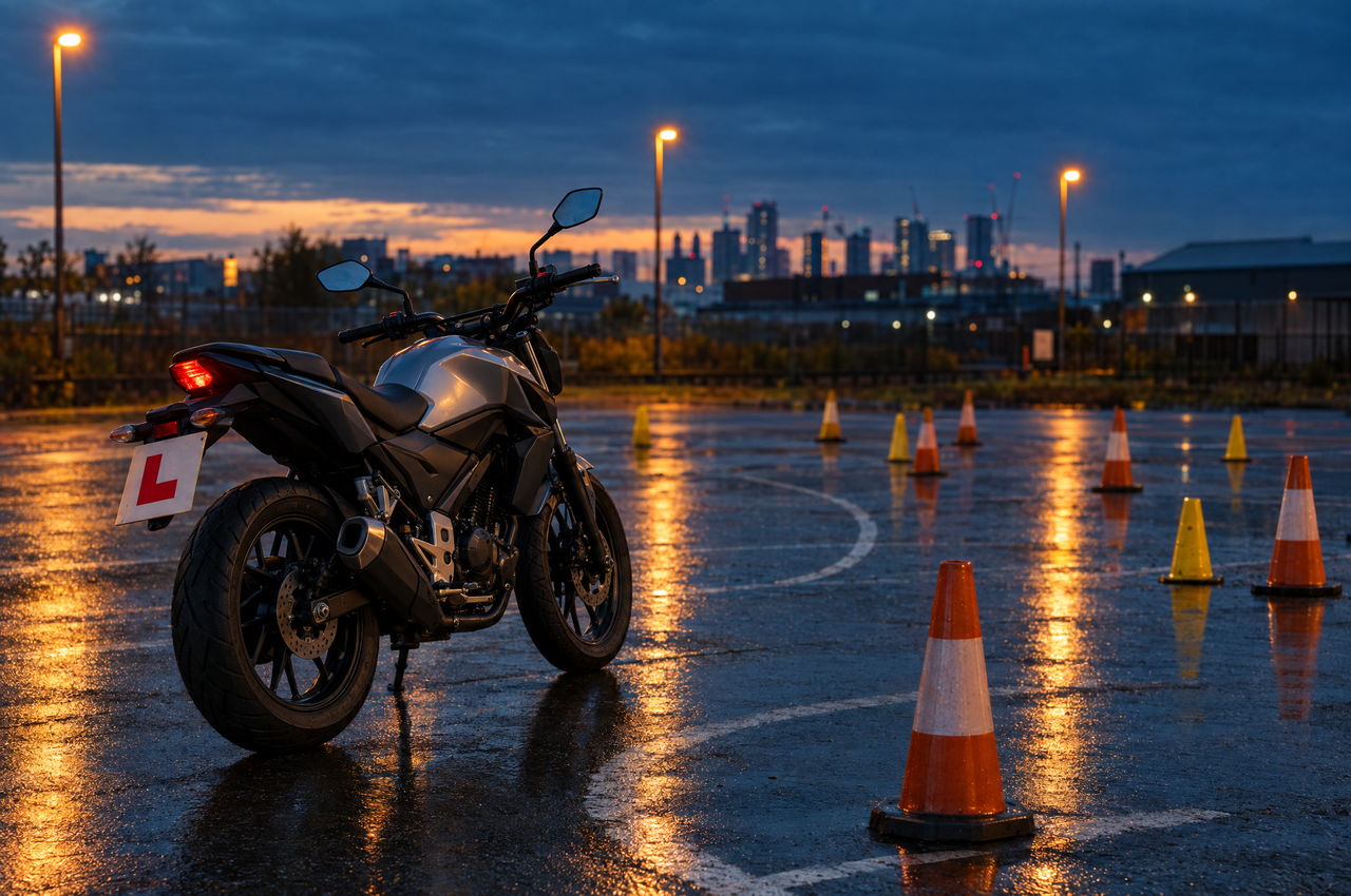 Learner 125cc motorcycle with an L-plate on a wet training pad at dusk
