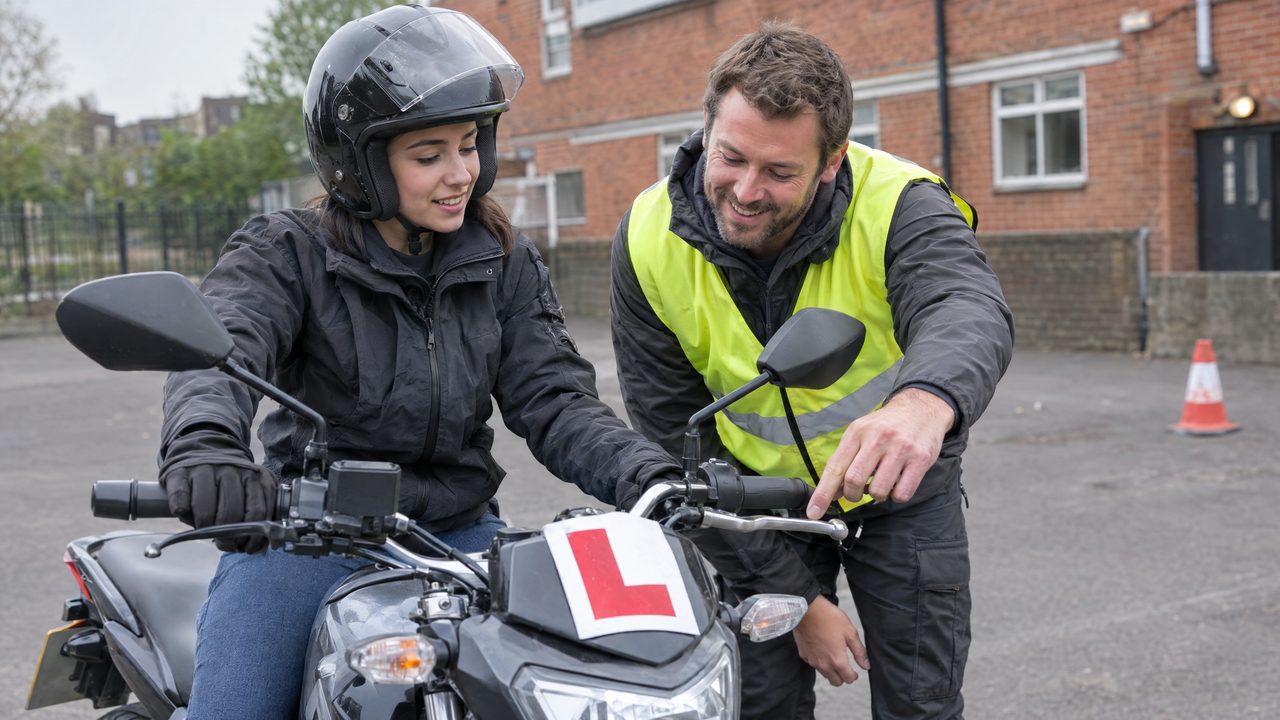 Smiling instructor in a hi-vis vest showing a learner the controls of a motorcycle